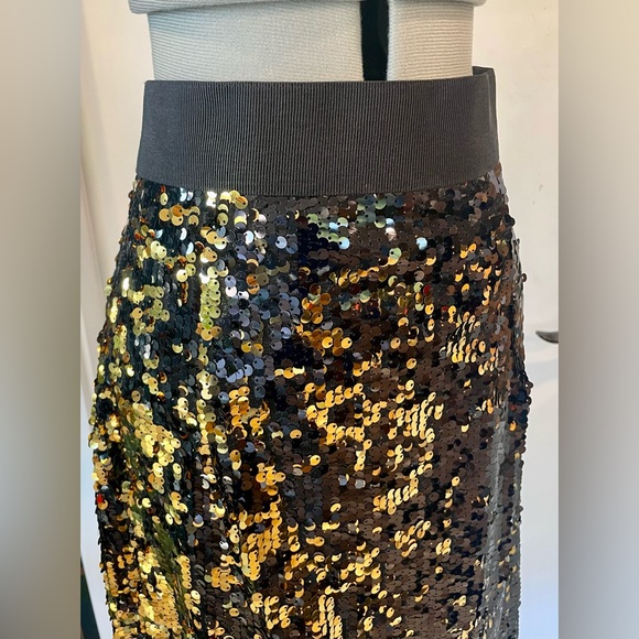 Milly Sequin Midi Skirt, stretch w/ waist band, zip, EUC, black/gold, sz8 - Picture 3 of 11
